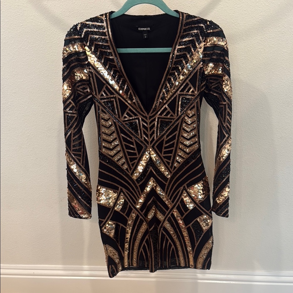 Express Black and Tan Long Sleeve Bodycon Dress